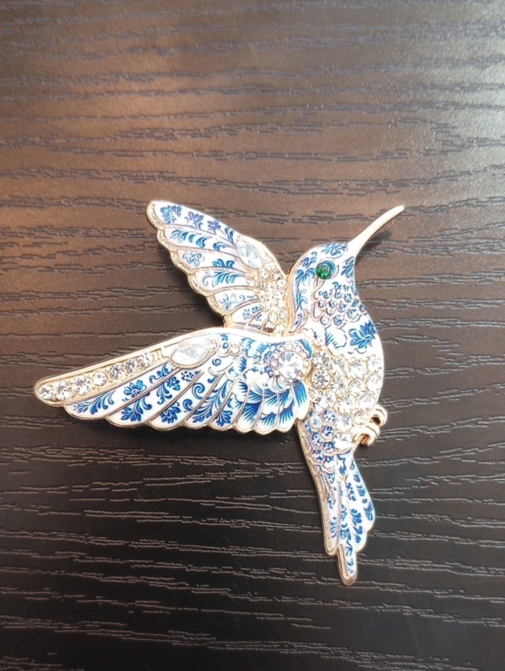 Delft Blue White Floral Golden Hummingbird Brooch Pin with Green Blue Eye